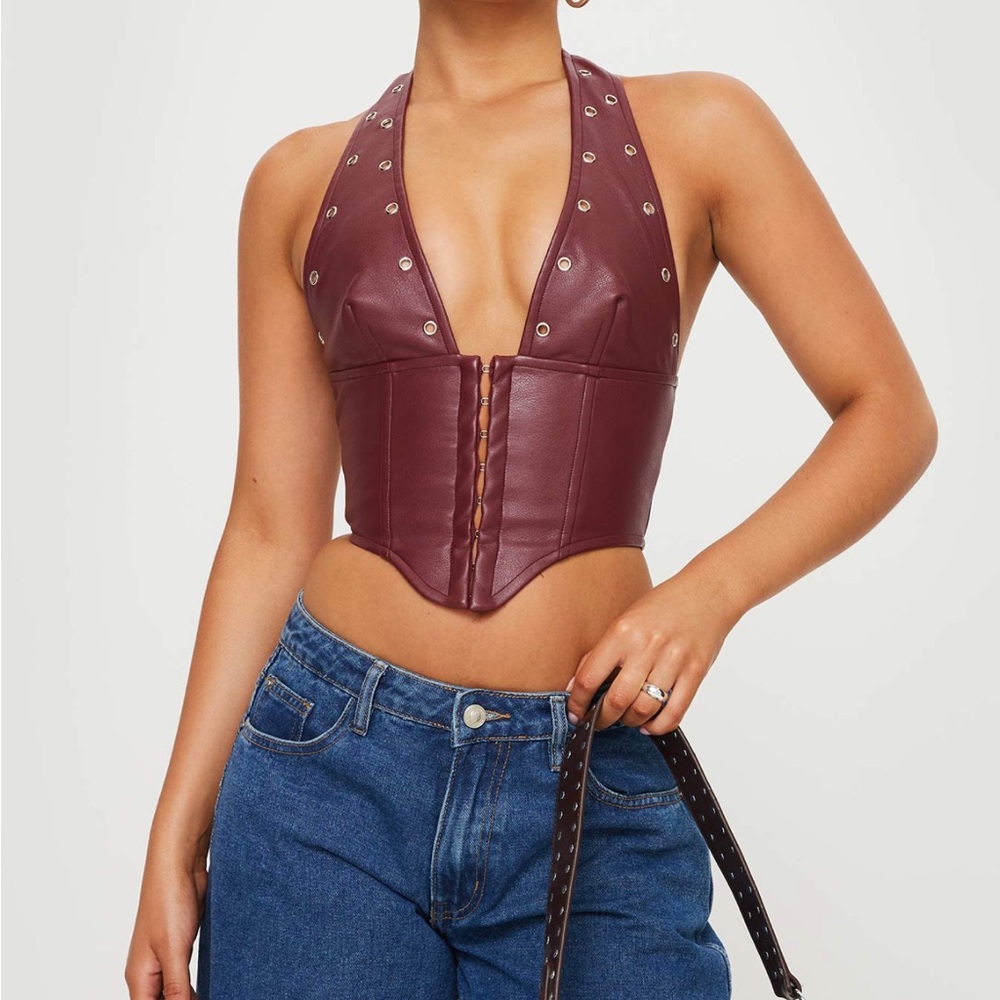 Princess Polly Burgundy Leather-Look Halter Corset Top